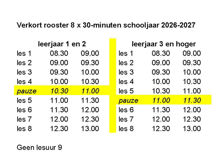 Lestijden schooljaar 2026 2027 klein
